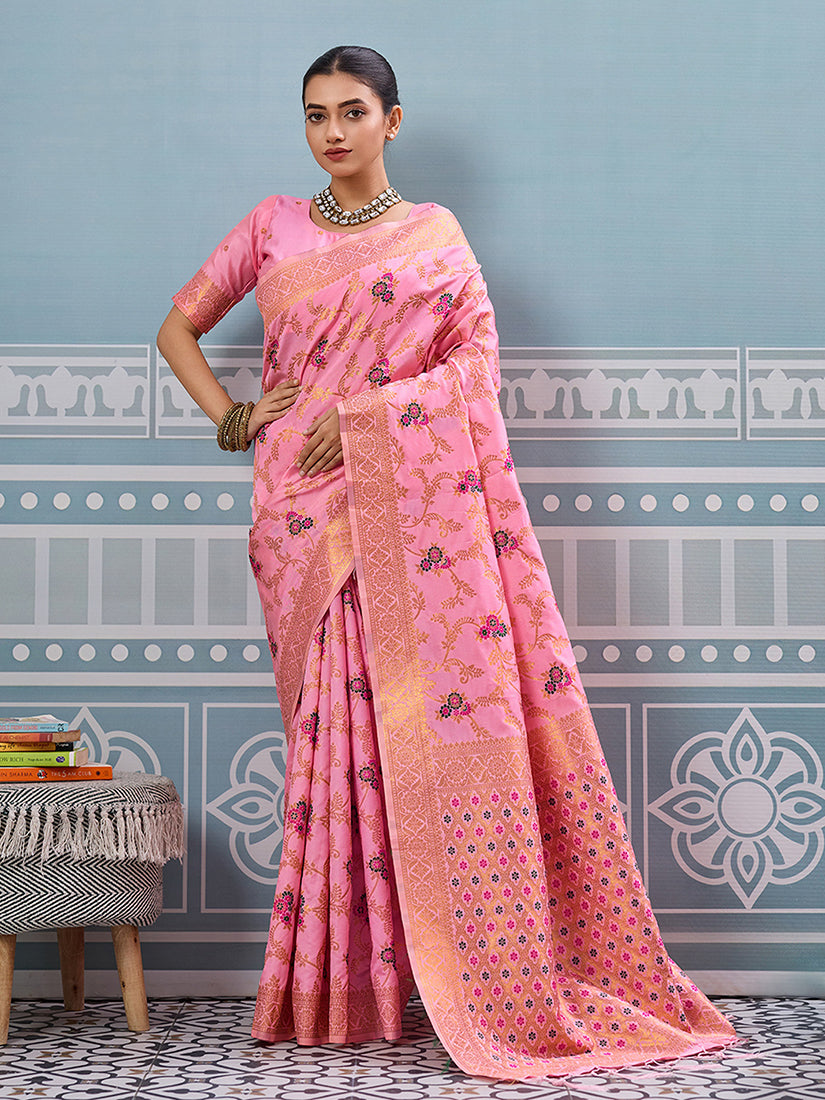 Monjolika Fashion Baby Pink Banarasi Silk Blend Saree with Rich Gold Zari Floral Weaving - Dista