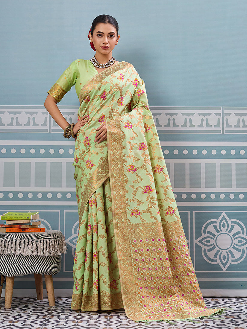 Monjolika Fashion Light Pistachio Green Banarasi Silk Blend Saree with Rich Gold Zari Floral Weaving - Dista