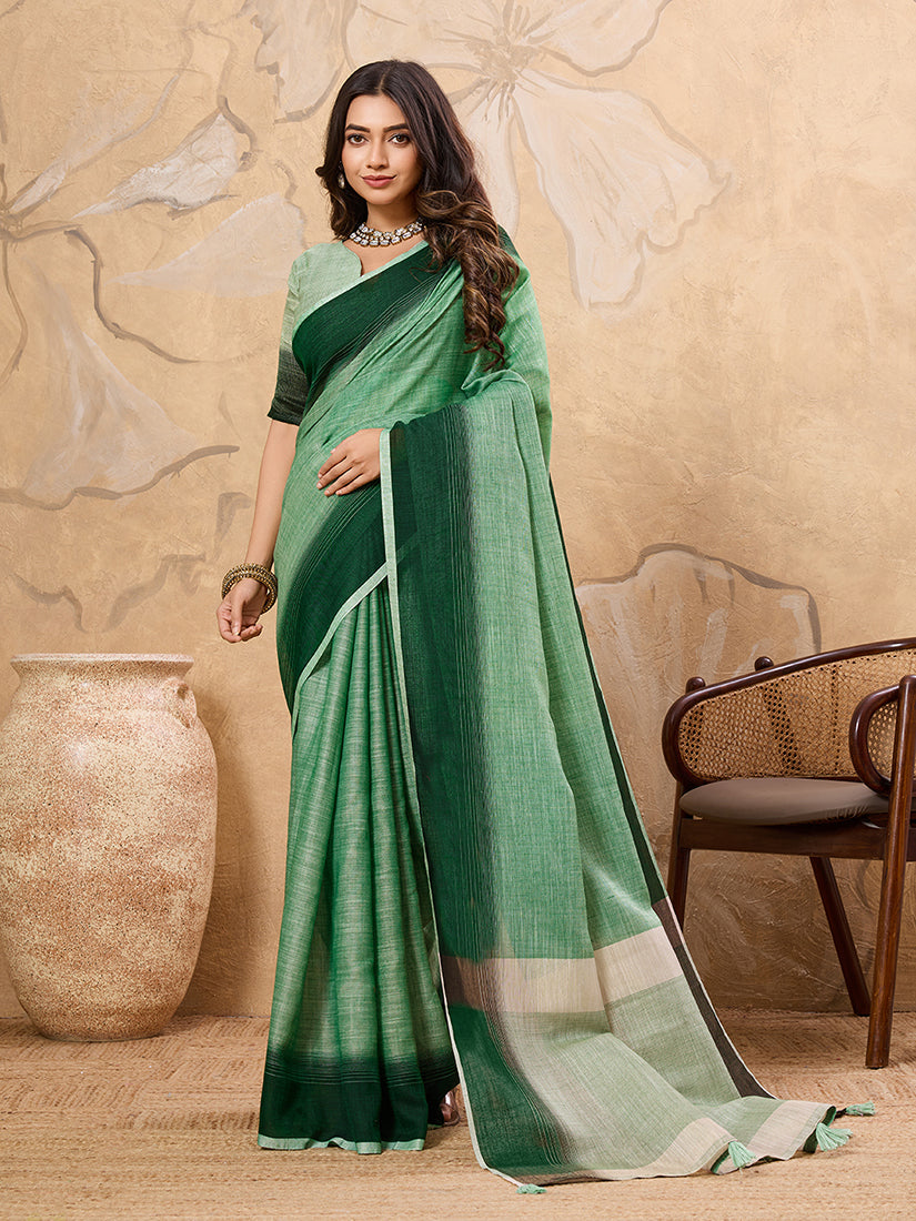 Monjolika Fashion Light Green Linen Cotton Blend Saree with Contrast Border - Dista