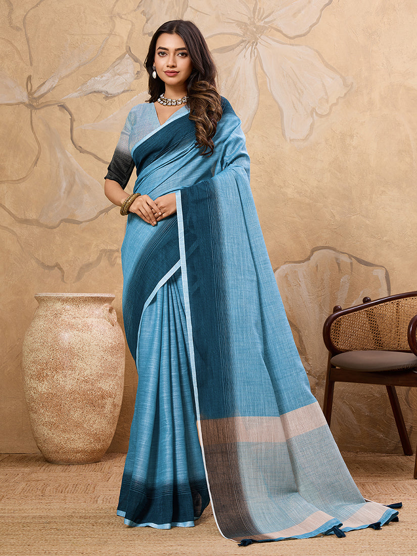 Monjolika Fashion Sky Blue Linen Cotton Blend Saree with Contrast Border - Dista