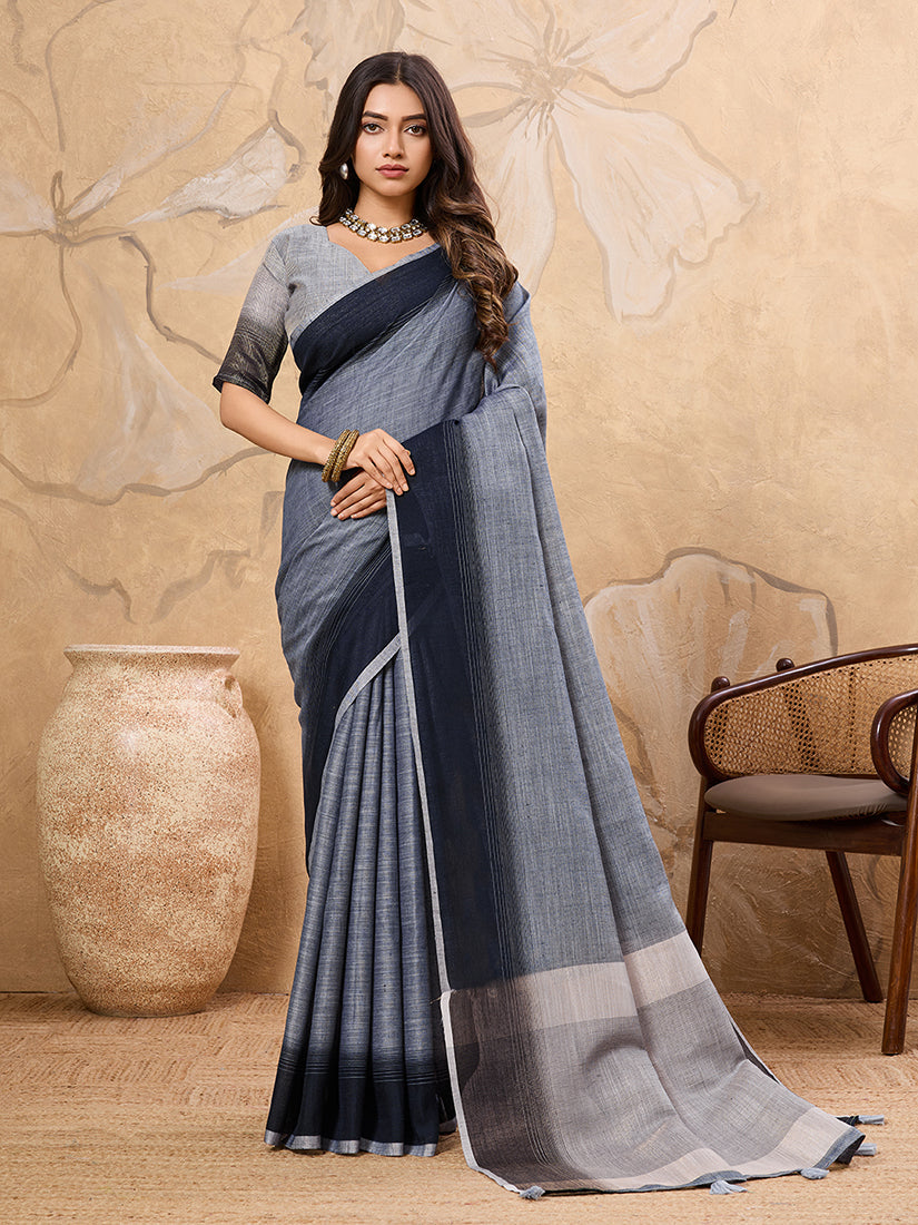 Monjolika Fashion Slate Grey Linen Cotton Blend Saree with Contrast Border - Dista