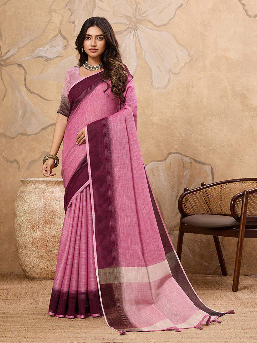 Monjolika Fashion Pink Linen Cotton Blend Saree with Contrast Border - Dista