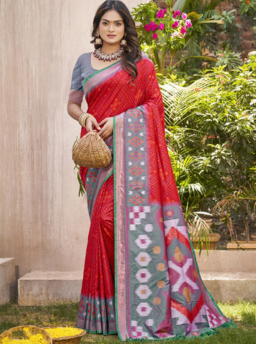 Monjolika Fashion Red & Grey Silk Blend Woven Design Saree with Blouse Piece - Dista