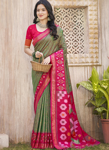 Monjolika Fashion Olive Green & Pink Silk Blend Woven Design Saree with Blouse Piece - Dista