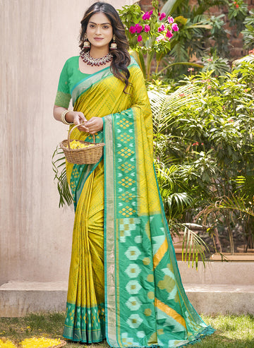 Monjolika Fashion Mustard & Green Silk Blend Woven Design Saree with Blouse Piece - Dista