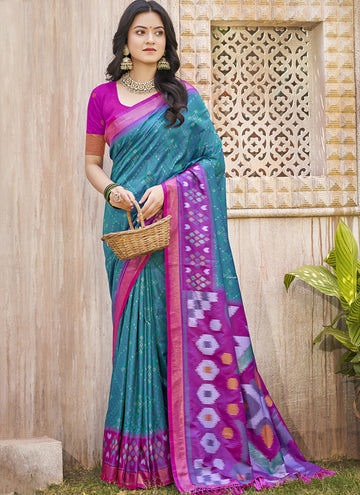 Monjolika Fashion Teal & Magenta Silk Blend Woven Design Saree with Blouse Piece - Dista