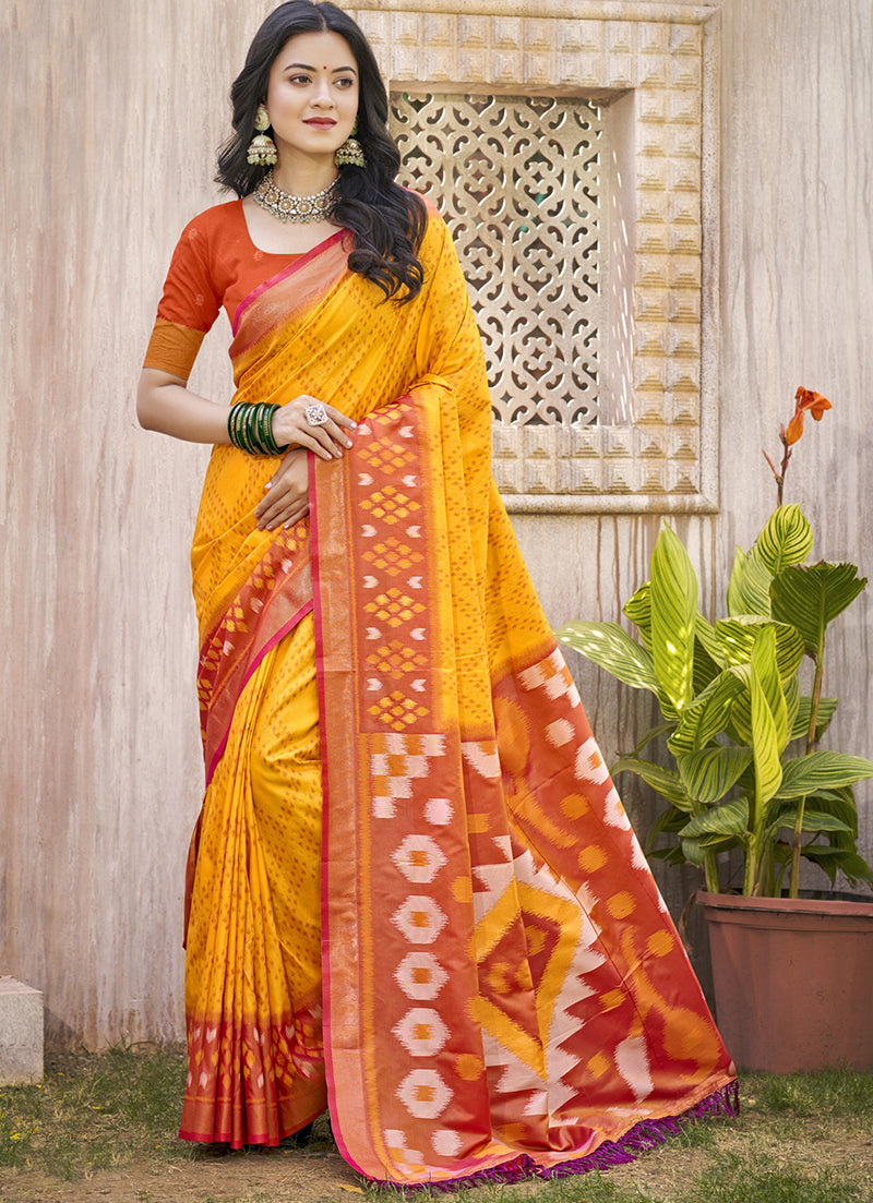 Monjolika Fashion Mustard & Rust Orange Silk Blend Woven Design Saree with Blouse Piece - Dista