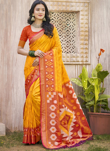 Monjolika Fashion Mustard & Rust Orange Silk Blend Woven Design Saree with Blouse Piece - Dista