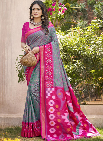 Monjolika Fashion Grey & Rani Pink Silk Blend Woven Design Saree with Blouse Piece - Dista
