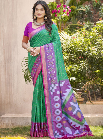 Monjolika Fashion Green & Violet Silk Blend Woven Design Saree with Blouse Piece - Dista