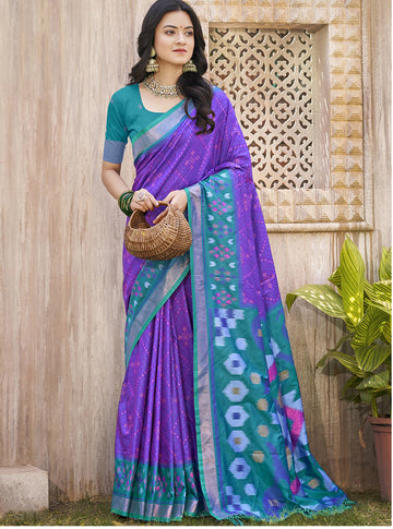 Monjolika Fashion Purple & Teal Silk Blend Woven Design Saree with Blouse Piece - Dista