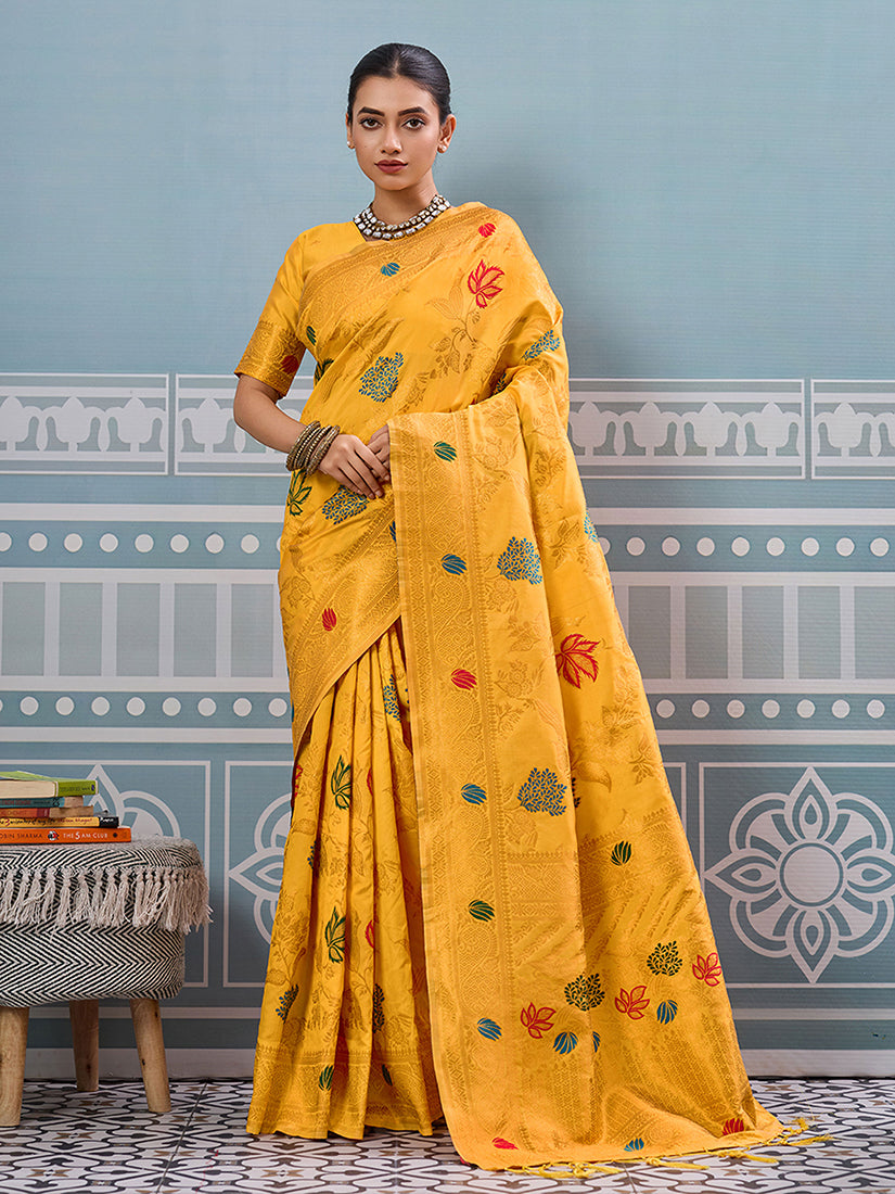 Monjolika Fashion Mustard Banarasi Silk Blend Saree with Gold Zari Floral Weaving - Dista