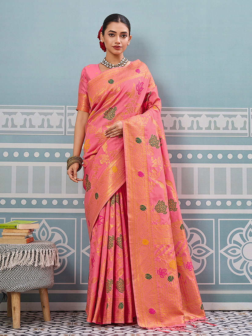 Monjolika Fashion Pink Banarasi Silk Blend Saree with Gold Zari Floral Weaving - Dista