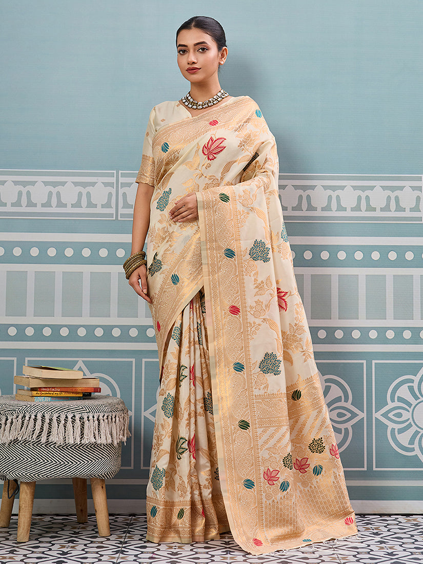 Monjolika Fashion Off White Banarasi Silk Blend Saree with Gold Zari Floral Weaving - Dista