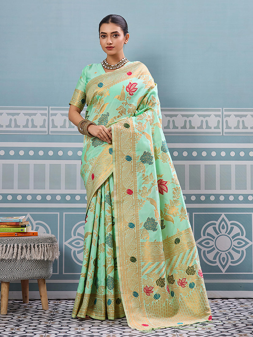 Monjolika Fashion Mint Green Banarasi Silk Blend Saree with Gold Zari Floral Weaving - Dista