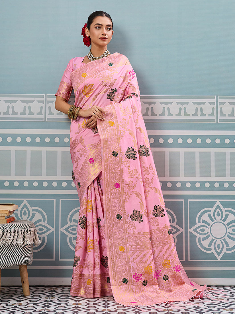 Monjolika Fashion Baby Pink Banarasi Silk Blend Saree with Gold Zari Floral Weaving - Dista