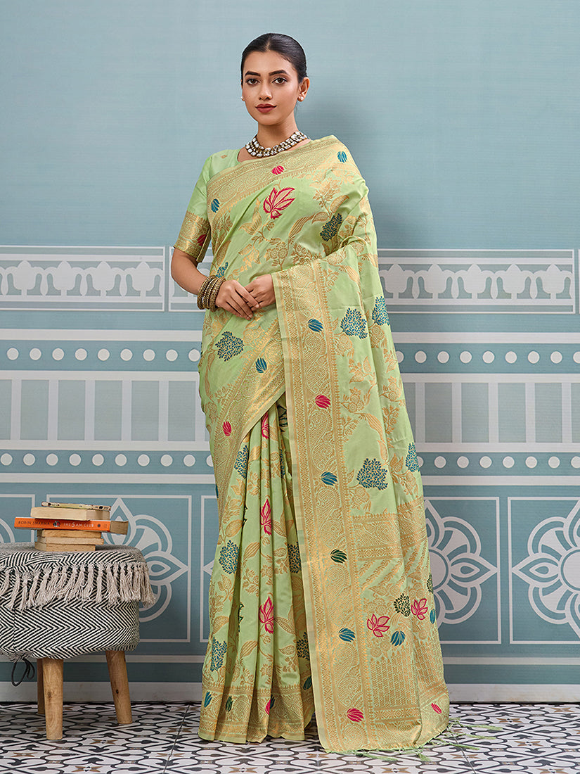 Monjolika Fashion Light Pistachio Green Banarasi Silk Blend Saree with Gold Zari Floral Weaving - Dista