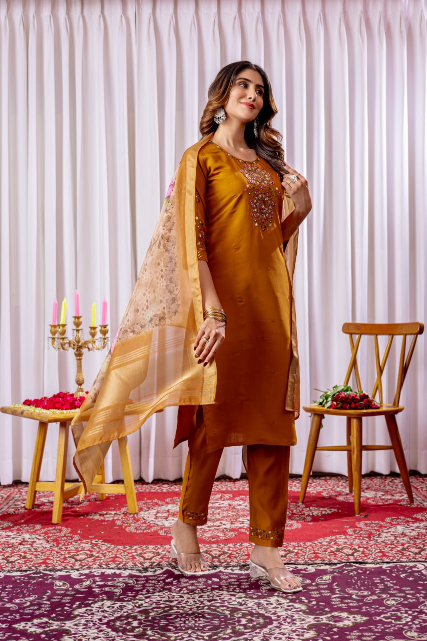 Pramukh Fab Mustard Color Viscose Silk Kurta Set - Distacart