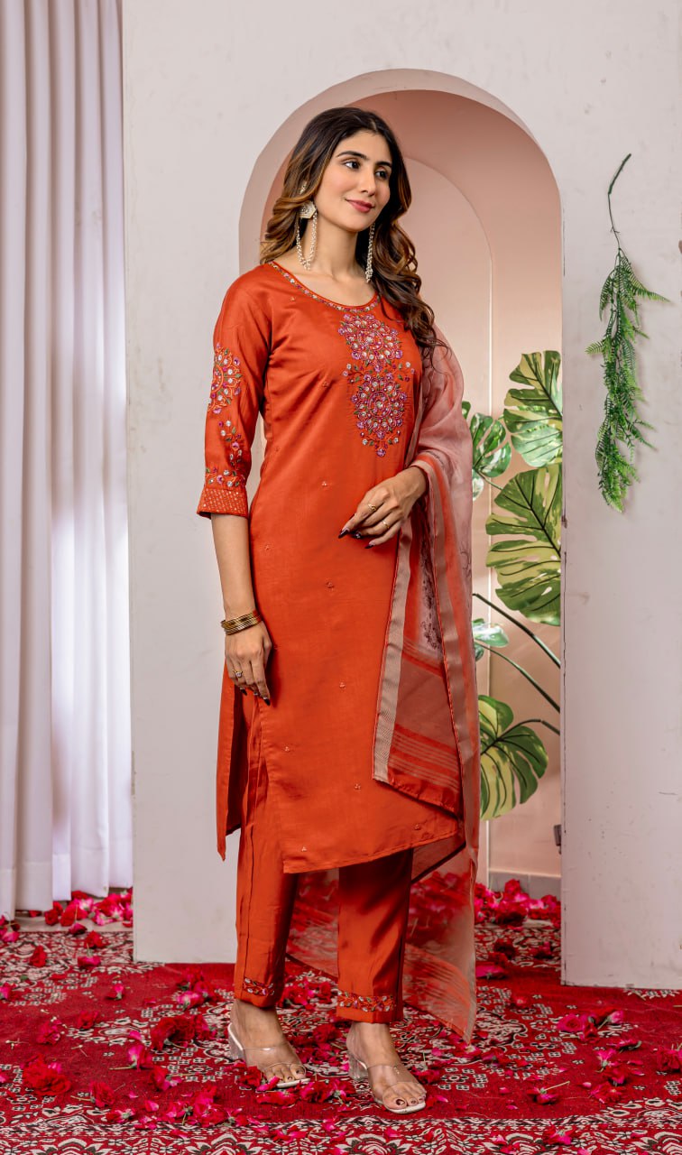 Pramukh Fab Orange Color Viscose Silk Kurta Set - Distacart