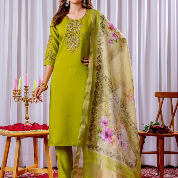 Pramukh Fab Lime Green Color Viscose Silk Kurta Set - Distacart