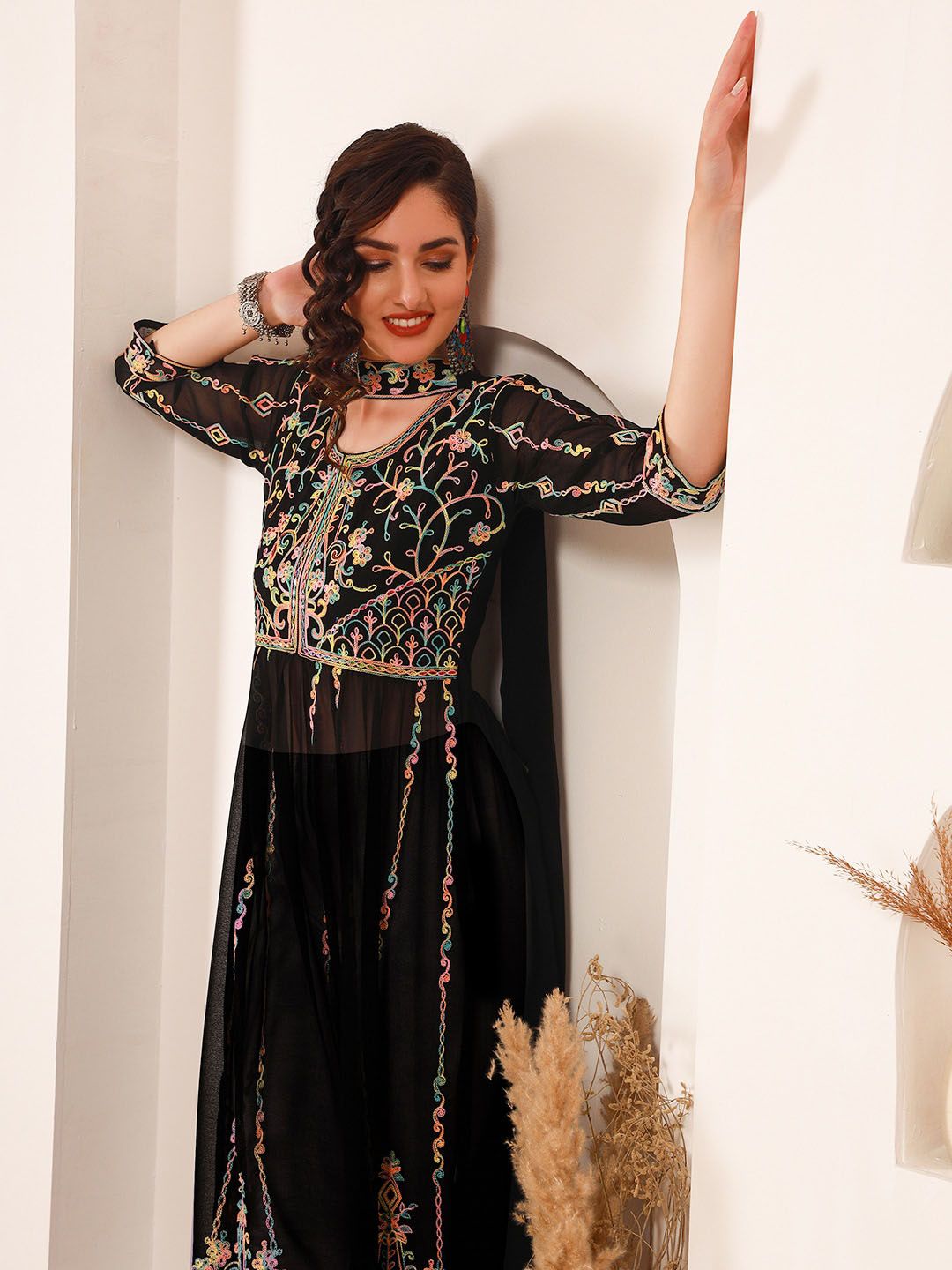 Sangria Black Ethnic Motifs Embroidered Round Neck Georgette Straight Kurta With Dupatta - Distacart