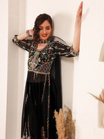 Thumbnail for Sangria Black Ethnic Motifs Embroidered Round Neck Georgette Straight Kurta With Dupatta