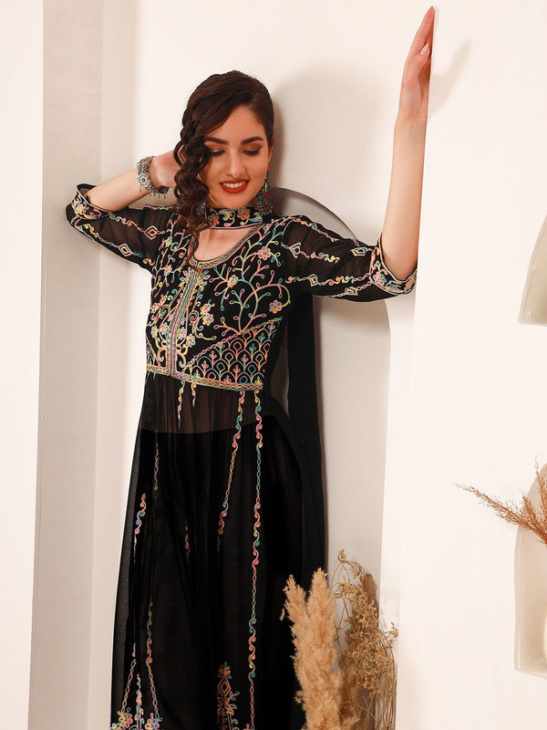 Sangria Black Ethnic Motifs Embroidered Round Neck Georgette Straight Kurta With Dupatta