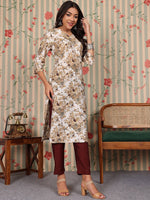 Thumbnail for Ode by House of Pataudi Floral Printed Straight Chanderi Silk Kurta with Trousers - Distacart