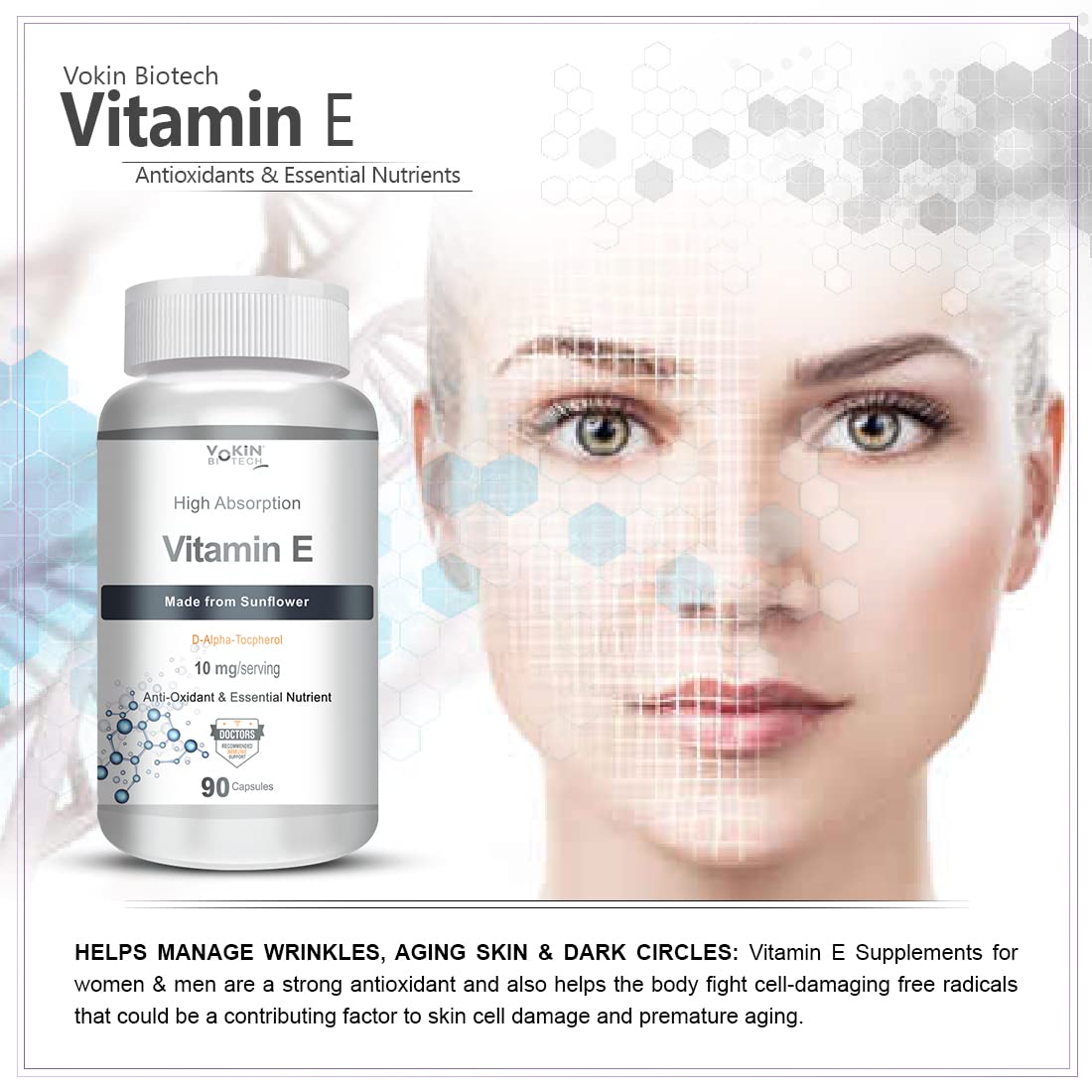 Vokin Biotech Natural Vitamin E from Sunflower - D-Alpha-Tocpherol - 10mg - 90 Capsules