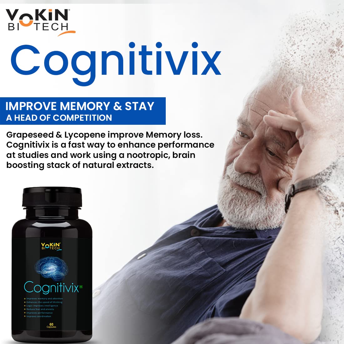 Vokin Biotech Cognitivix -Unique Brain activation Ginkgo Biloba With Ginseng extract 60 Veg capsule
