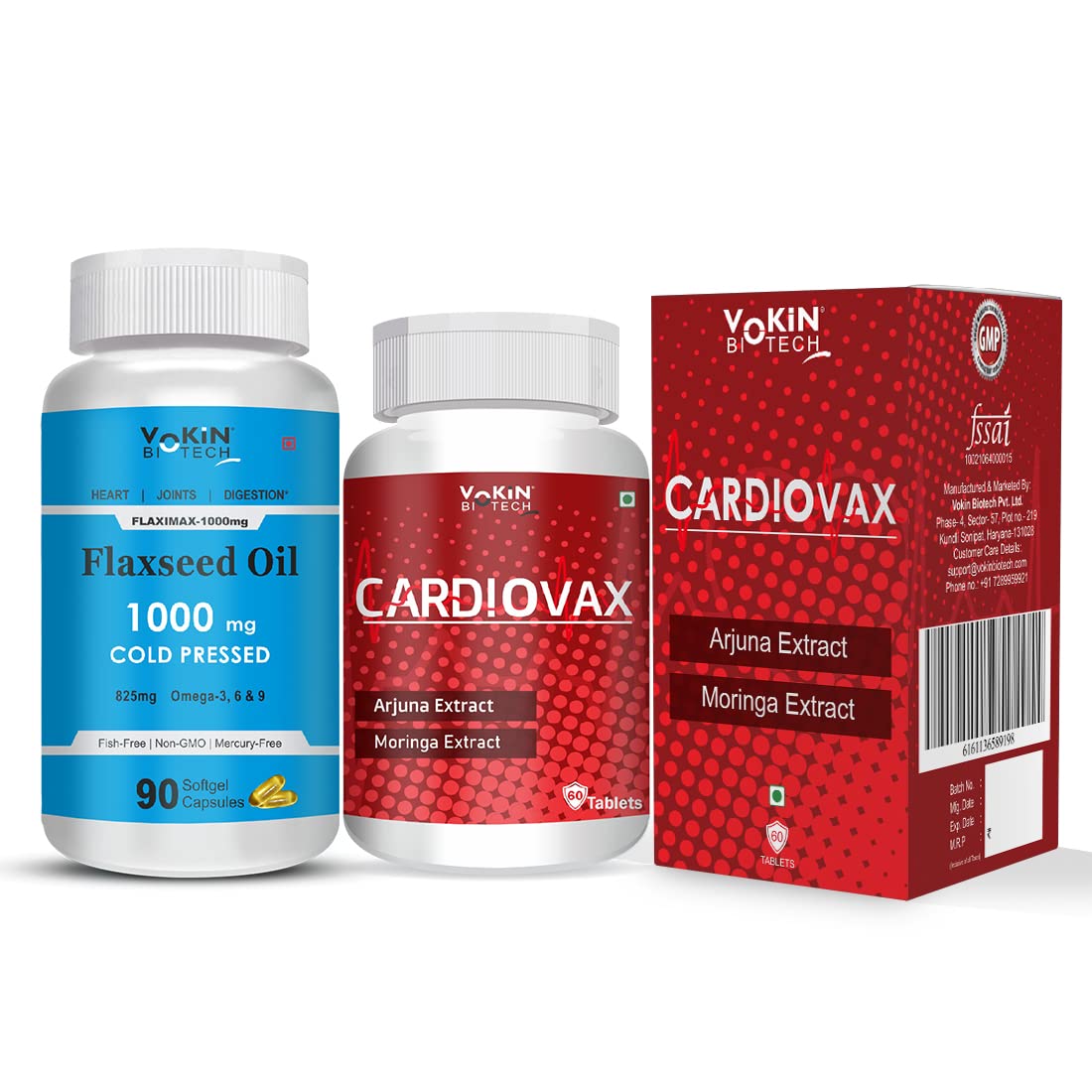 Vokin Biotech Natural Cardiovax with Arjuna Extract & Moringa Extract (60 Tablets) With Cold Pressed Flaxseed Oil | Omega 3 6 9 (90 Softgel Capsules)
