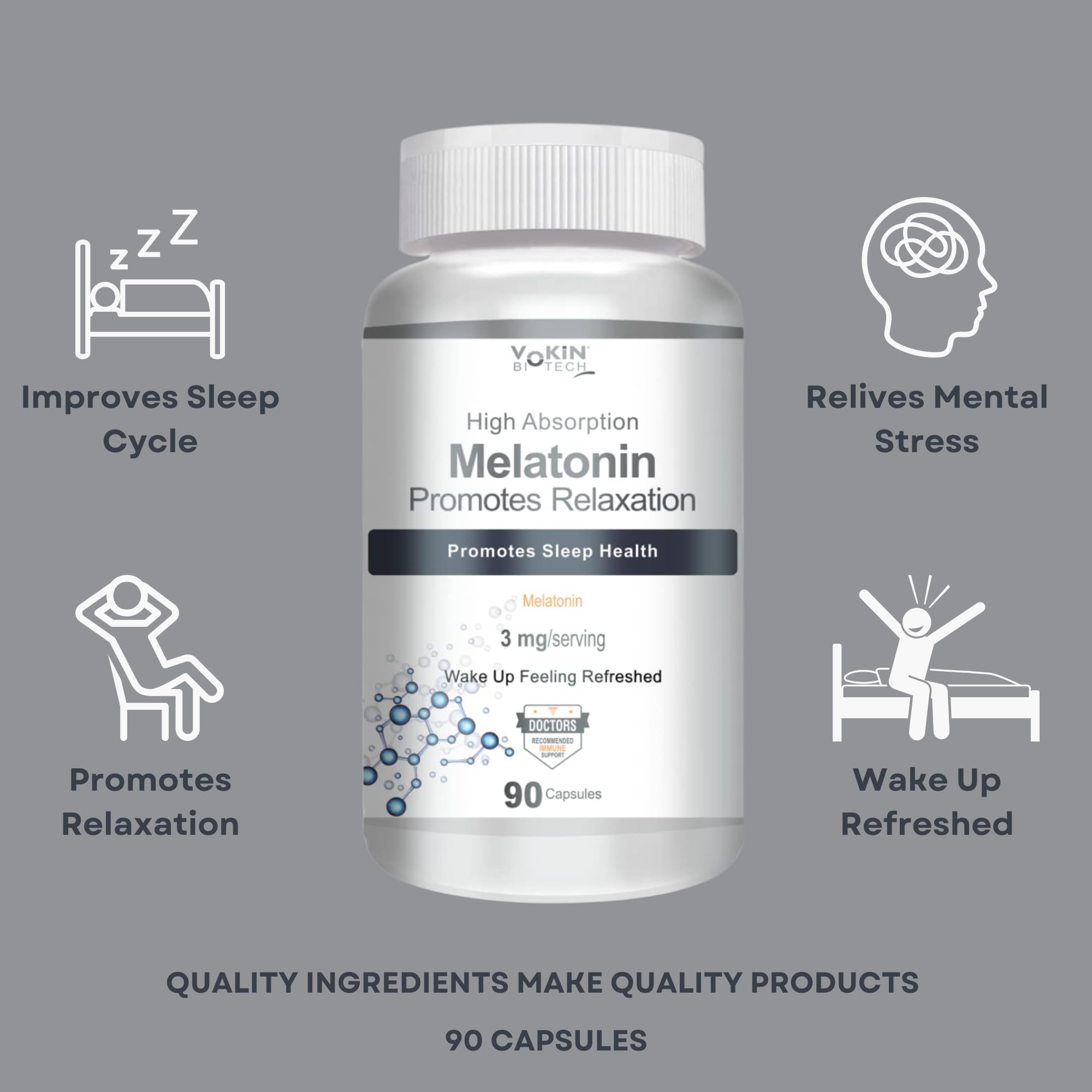 Vokin Biotech Melatonin 3mg Healthy Sleep Cycle | Helps Stress & Anxiety Relief | Improve Concentration 90 Capsules