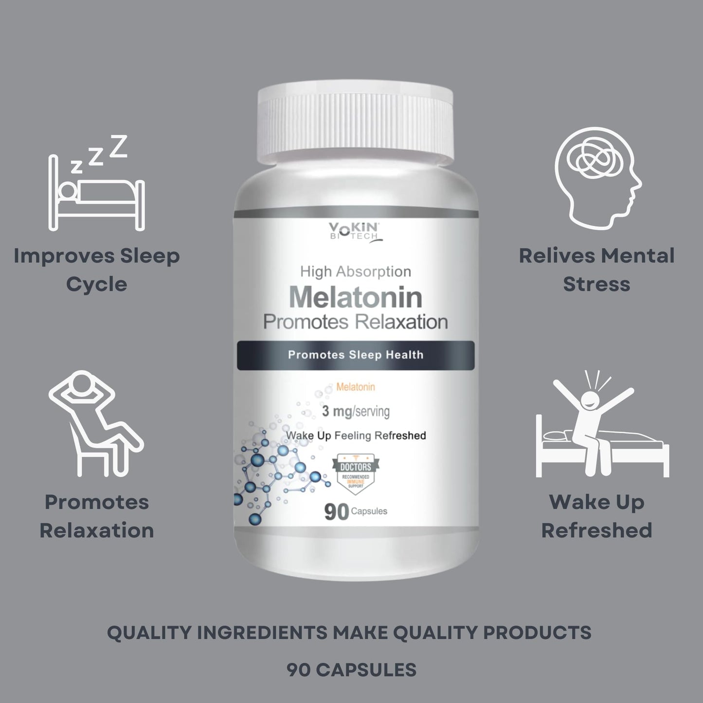 Vokin Biotech Melatonin 3mg Healthy Sleep Cycle | Helps Stress & Anxiety Relief | Improve Concentration 90 Capsules