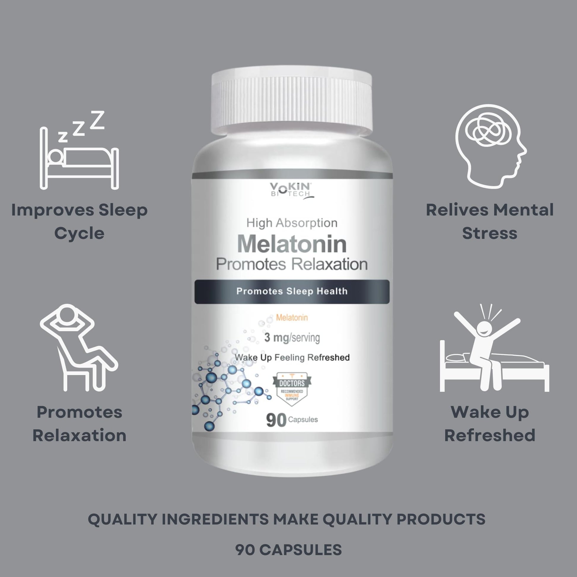 Vokin Biotech Melatonin 3mg Healthy Sleep Cycle | Helps Stress & Anxiety Relief | Improve Concentration 90 Capsules
