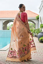 Thumbnail for Vishnu Weaves Women's Peach Muga Cotton Thread Weaving Saree with Blouse