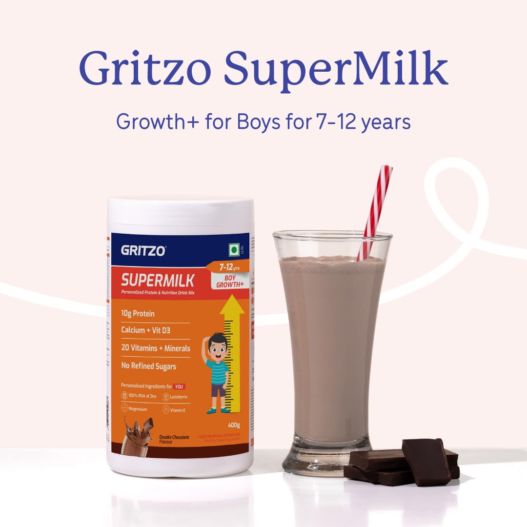 Gritzo SuperMilk Height+ (7-12y Boys), 10g Protein Powder - Double Chocolate