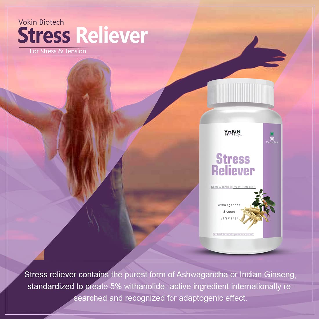 Vokin Biotech Stress Reliever Capsule Support for Stress, Fatigue and Tension (Gold standard Ashwagandha, Brahmi, Jatamansi- General Wellness | (90 Capsules)