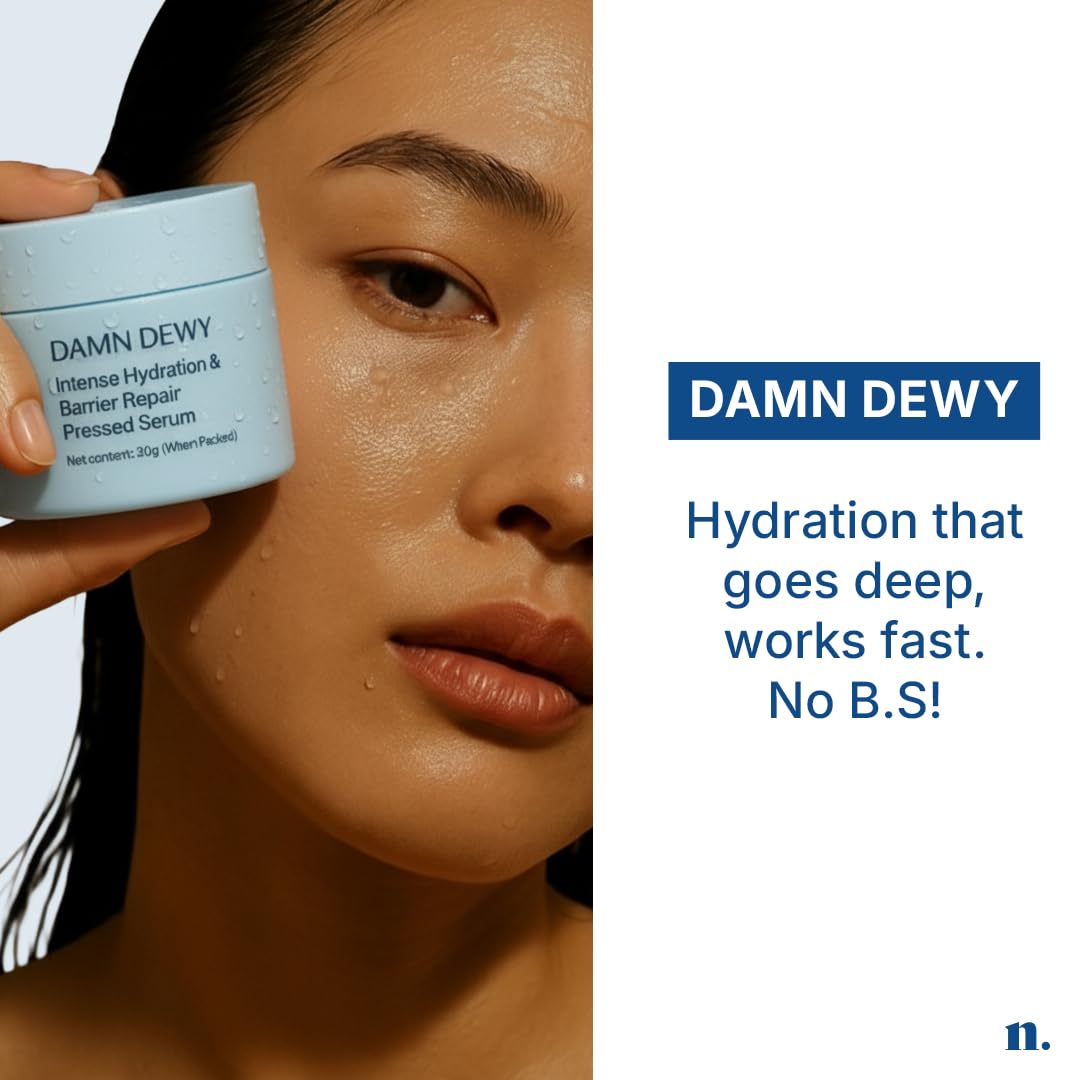 Numour Damn Dewy | Intense Hydration & Barrier Repair Pressed Serum 30g | India's 1st Hydrating Pressed Serum | 11% Hydration Actives | For Dry, Dehydrated, Sensitive & Combination Skin | Men & Women