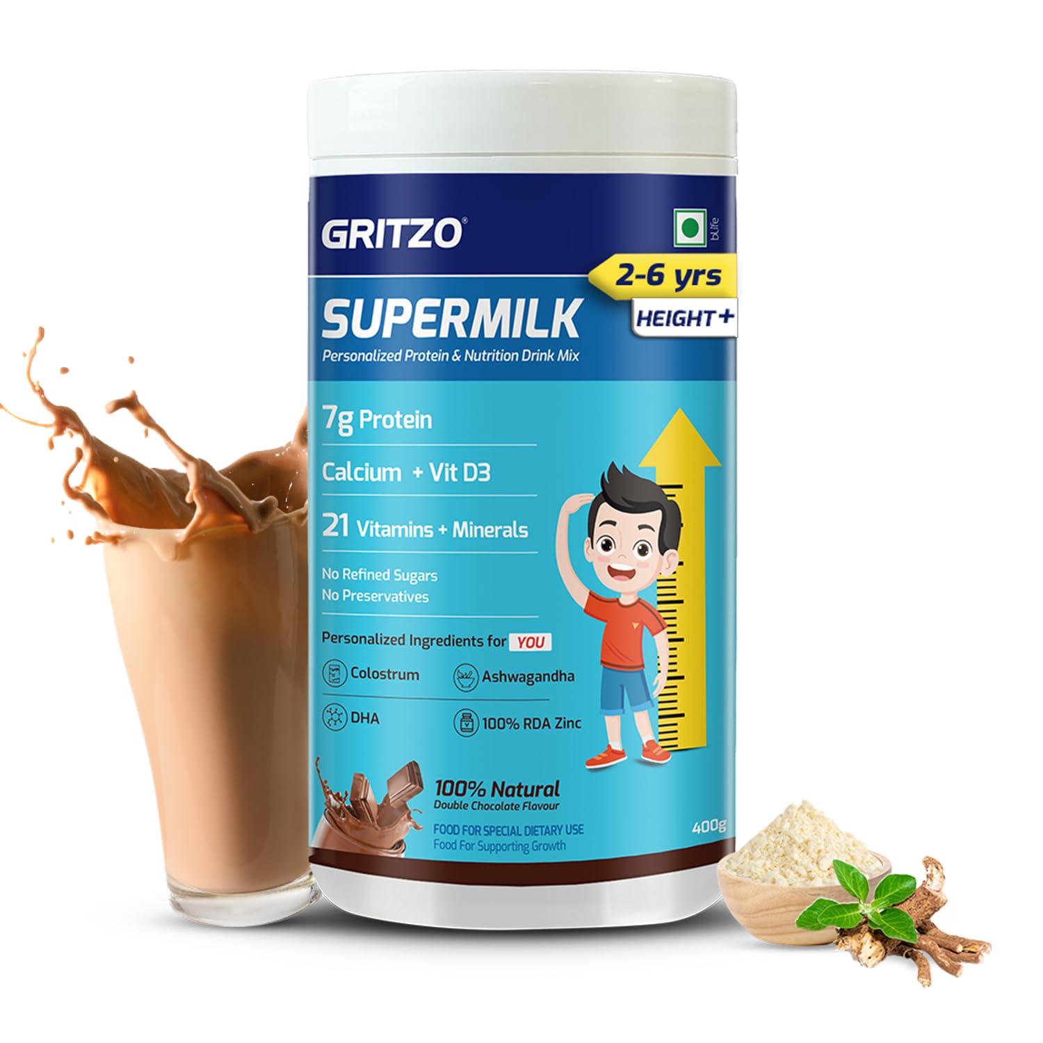 Gritzo Supermilk Height+ For 2-6Y Boys/Girls - Double Chocolate Flavor - Distacart