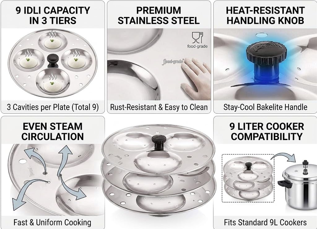 Dynore Stainless Steel Idli Stand Idli Maker 3 x 3 Plates (9 Idli), 9 liter, Silver - Dista