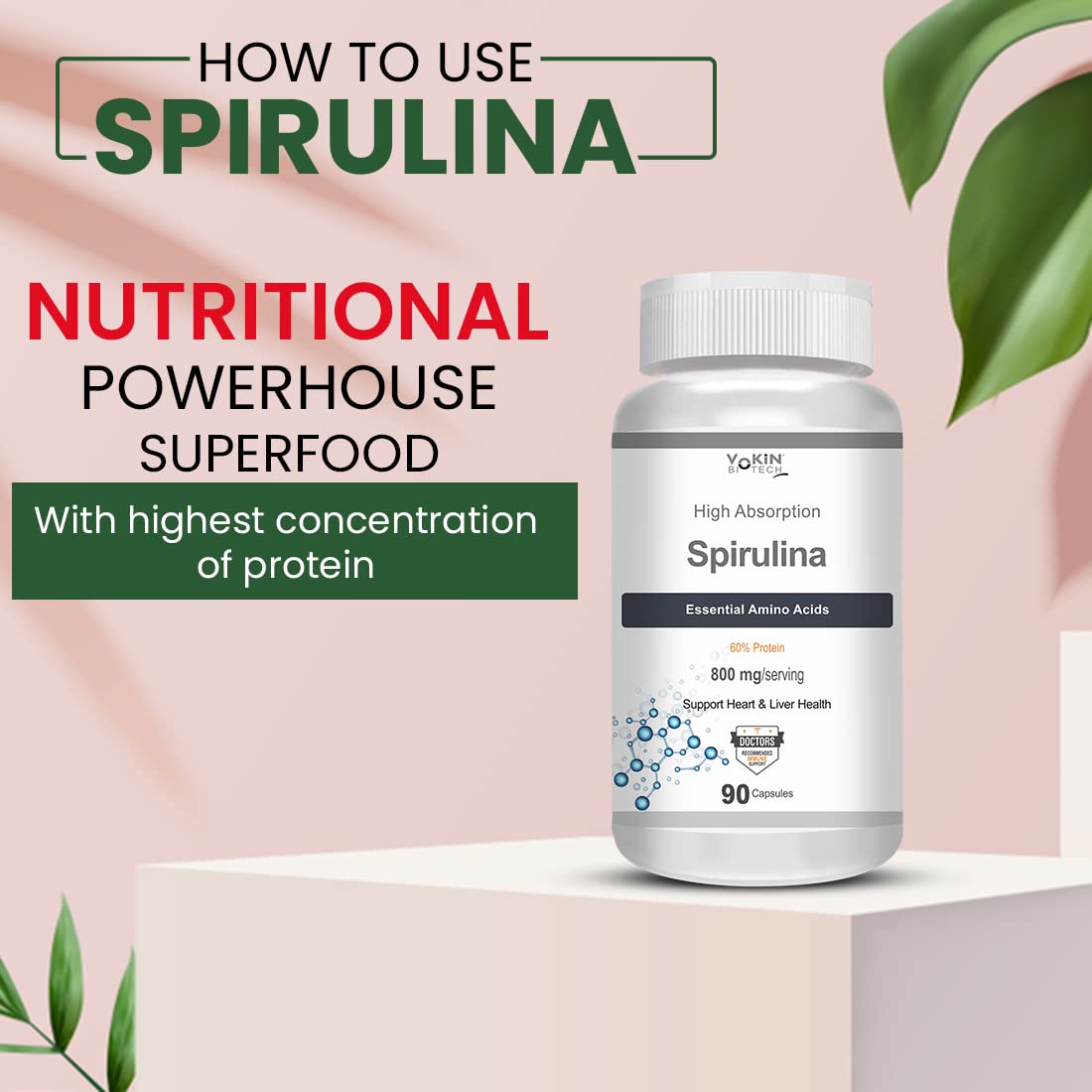 Vokin Biotech Spirulina- Support Heart Health and Liver Health -800mg (90 Capsules)