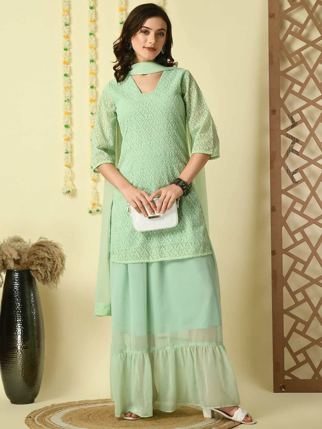 Myshka Women's Green Georgette Kurti & Skirt With Dupatta Party Sets - Distacart