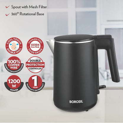 Borosil 1 L 1200W Stainless Steel Cool touch Electric Kettle - Dista