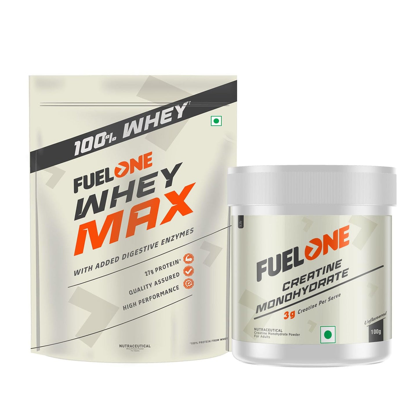 FUELONE Whey Max (Chocolate, / 2.2lbs) | Whey Protein Concentrate & Whey Protein Isolate | 27g Protein & Creatine Monohydrate (Unflavoured, 100g, 33 Servings) | Combo Pack