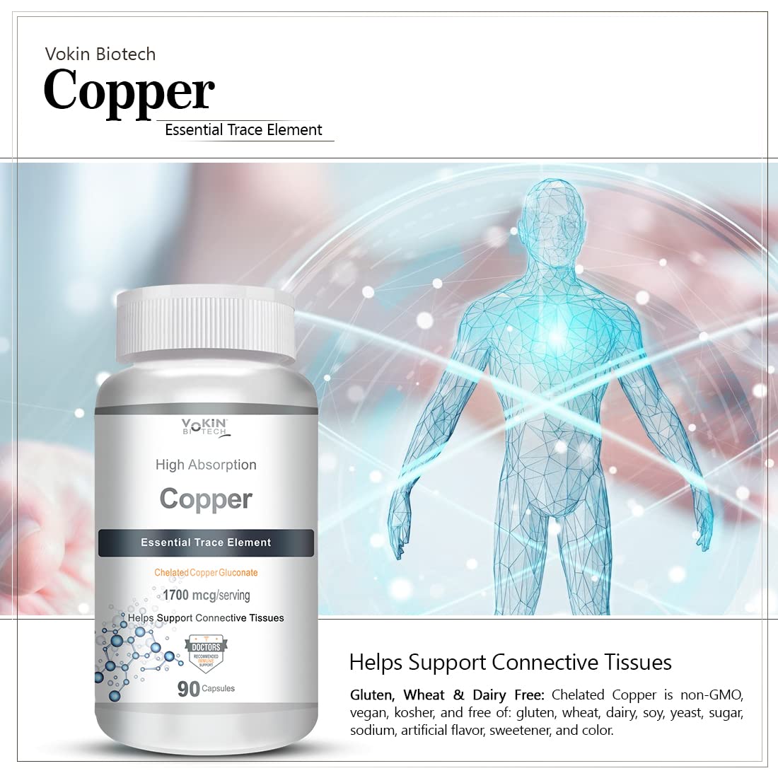Vokin Biotech Chelated Copper Gluconate – Support Connective Tissues –1700mcg – 90 Capsules