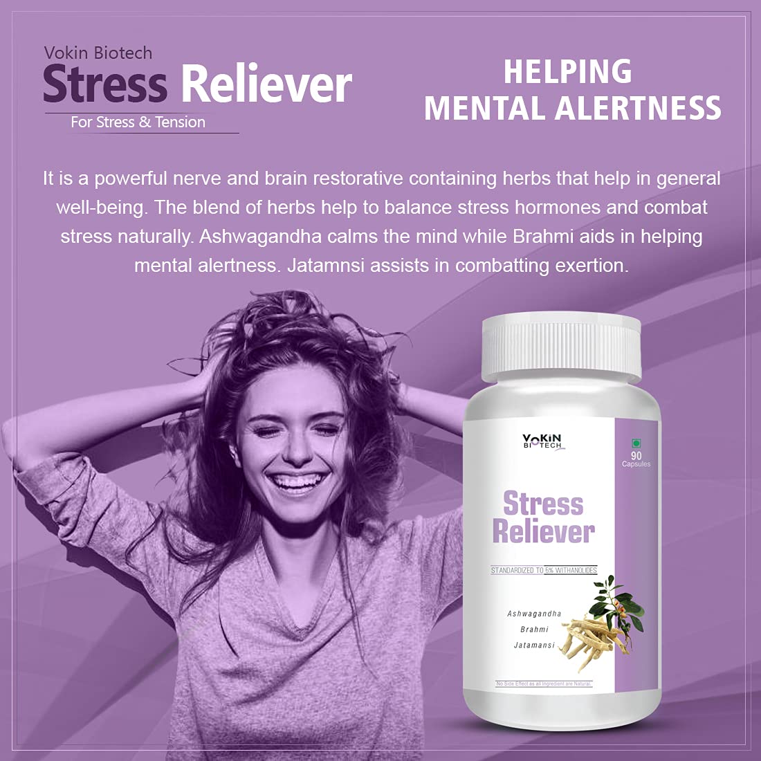 Vokin Biotech Stress Reliever Capsule Support for Stress, Fatigue and Tension (Gold standard Ashwagandha, Brahmi, Jatamansi- General Wellness | (90 Capsules)