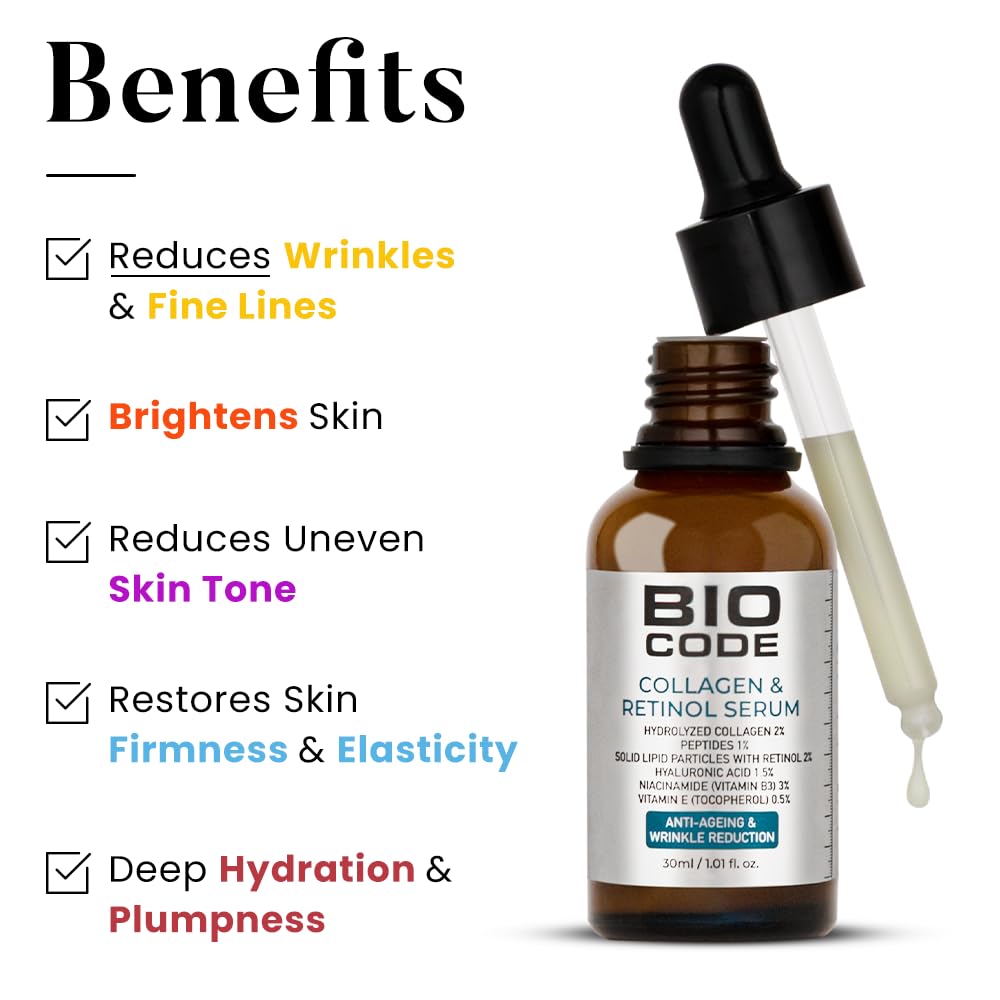 Bio Code Hydrolyzed Collagen 2% & Peptides 1%, Solid Lipid Particle with Retinol 2% Hyaluronic Acid 1.5%, Niacinamide(Vitamin B3) 3% Vitamin E (Tocopherol) 0.5% Serum - Advanced Anti-Aging with Hyaluronic Acid | AI-Enhanced Formula | Dermatologist Recommended
