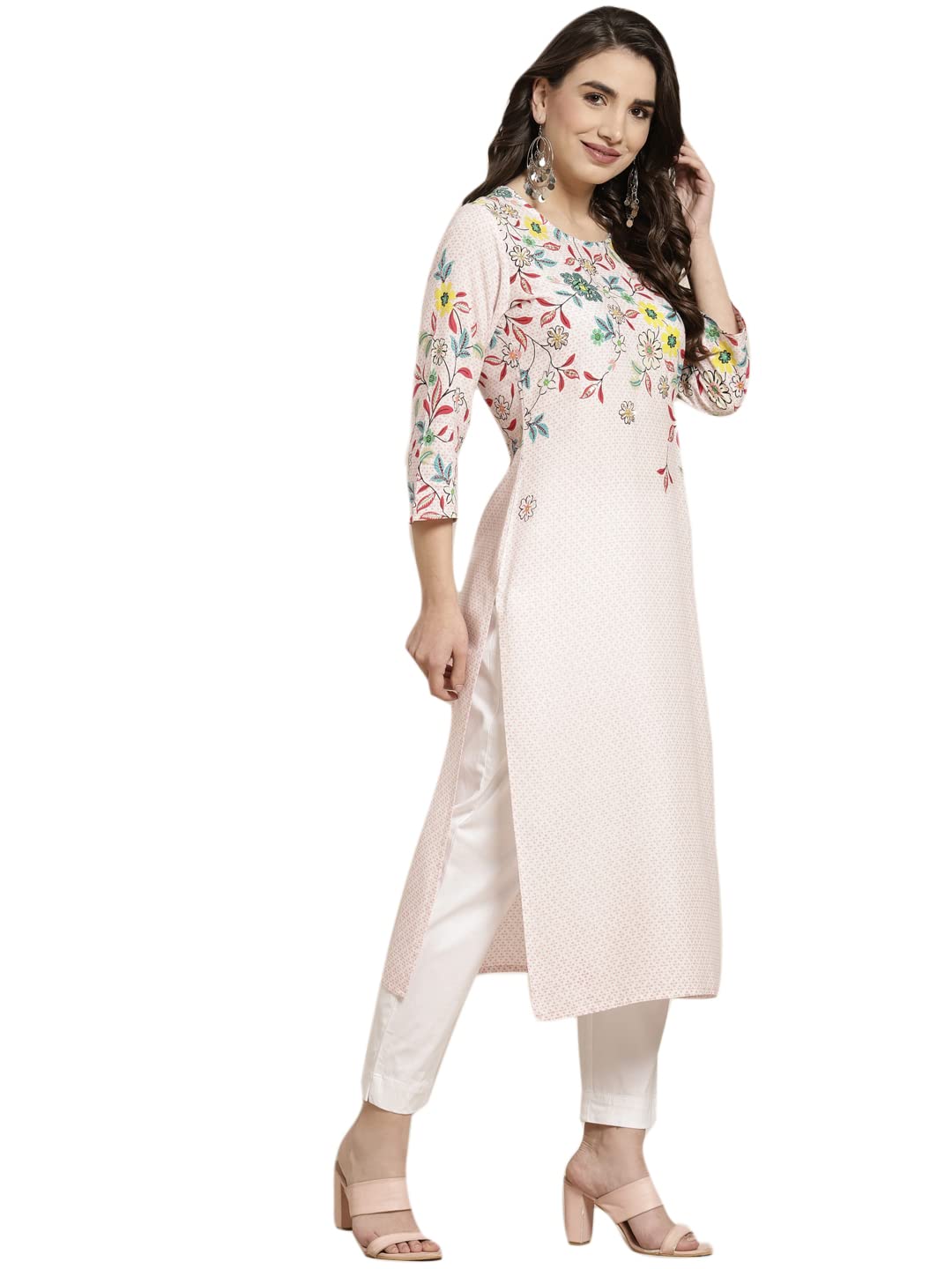 Juniper Women's Pink Floral Printed Rayon Kurta With Sequins & Beads Work - Distacart