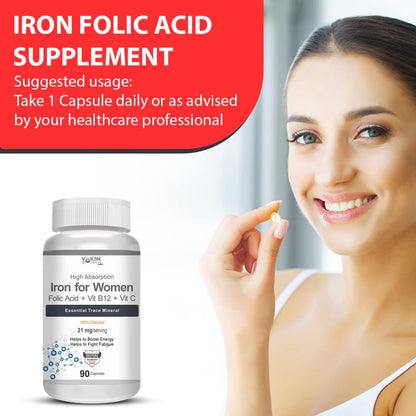 Vokin Biotech Iron Supplement for Women -100% Chelated - With Vitamin B12, Folic Acid & Vitamin C for High Absorption (90 Veg Capsules)