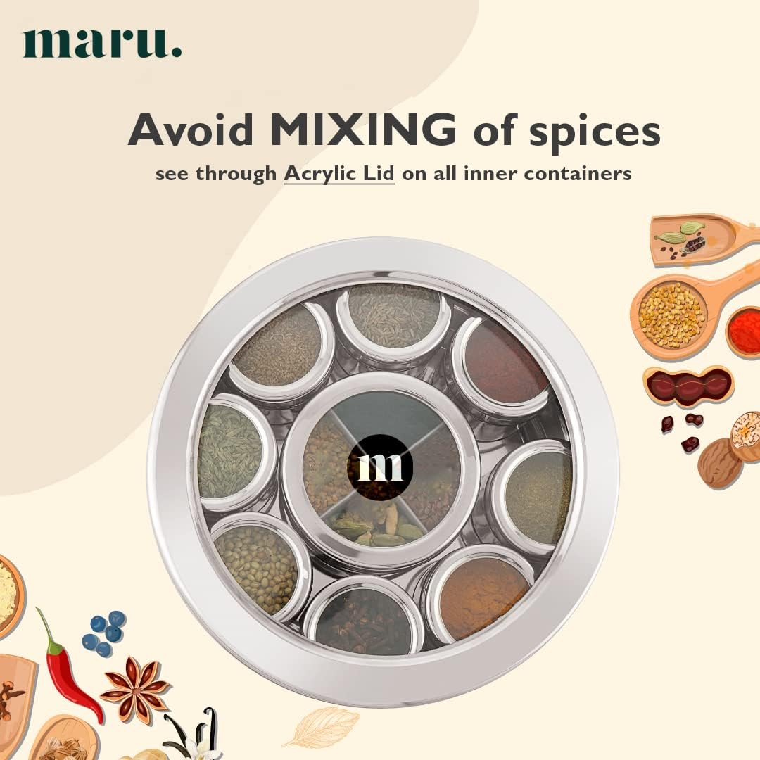MARU Steel 12-in-1 Spice Box For Kitchen, Durable Masala Dani with Middle Partition Container - Dista